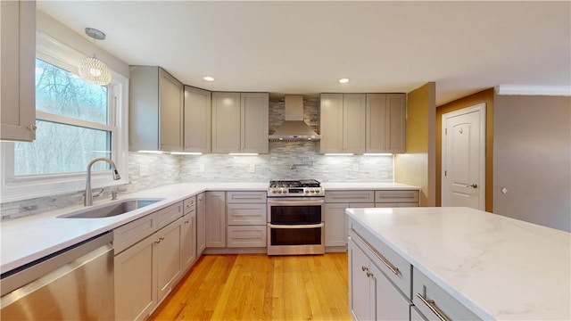 108 Shady Lea Rd, North Kingstown, RI 02852 - kitchen with wall chimney range hood, tasteful backsplash, a sink, gray cabinetry, and stainless steel appliances