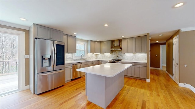 108 Shady Lea Rd, North Kingstown, RI 02852 - kitchen featuring wall chimney exhaust hood, tasteful backsplash, a sink, appliances with stainless steel finishes, and gray cabinetry