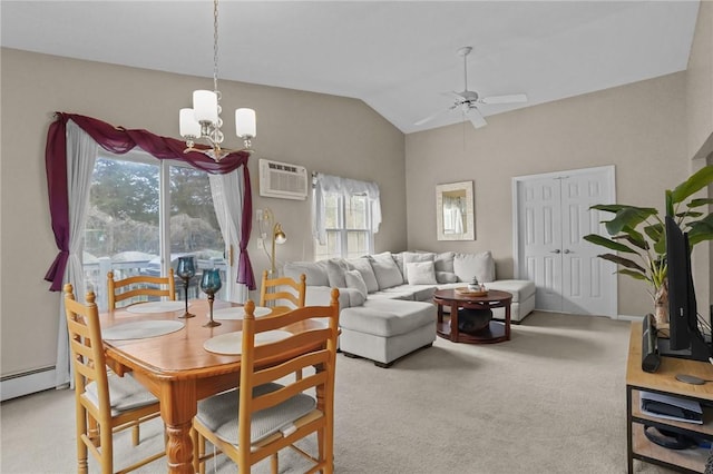 dining area featuring carpet floors, vaulted ceiling, a wall unit AC, and ceiling fan with notable chandelier