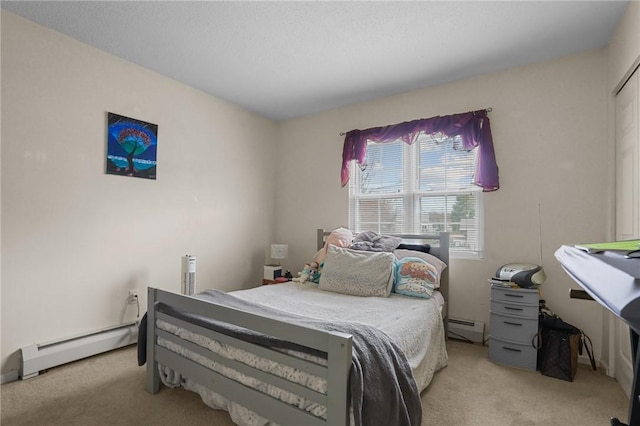 bedroom with light colored carpet and baseboard heating