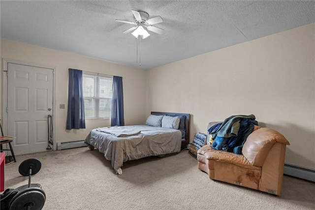 bedroom with carpet floors, ceiling fan, baseboard heating, and a textured ceiling