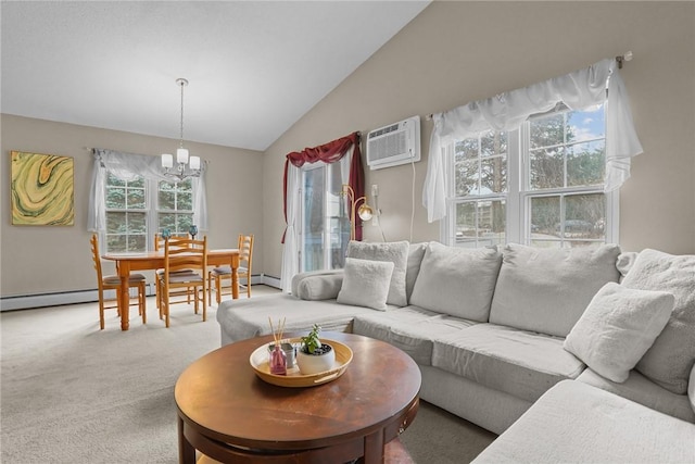 living room with an inviting chandelier, plenty of natural light, lofted ceiling, and an AC wall unit
