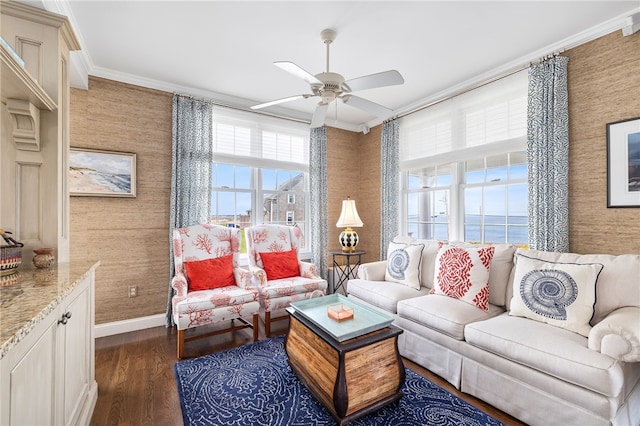244 Spring St, Block Island, RI 02807 - living area with dark wood-style flooring, wallpapered walls, ornamental molding, and a ceiling fan
