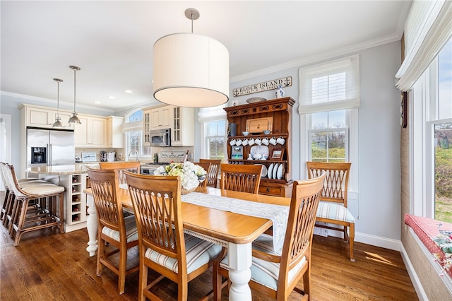 244 Spring St, Block Island, RI 02807 - dining area with crown molding, dark wood-style flooring, plenty of natural light, and baseboards