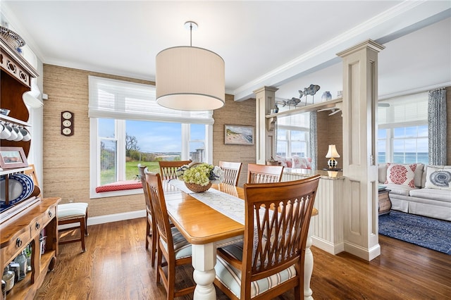 244 Spring St, Block Island, RI 02807 - dining space featuring plenty of natural light, ornamental molding, ornate columns, and wood finished floors