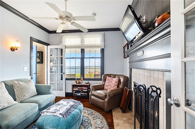 244 Spring St, Block Island, RI 02807 - living area with ornamental molding, a fireplace, and a wealth of natural light