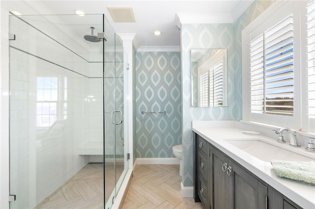 244 Spring St, Block Island, RI 02807 - bathroom featuring vanity, toilet, wallpapered walls, visible vents, and a stall shower