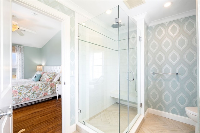 244 Spring St, Block Island, RI 02807 - ensuite bathroom with visible vents, toilet, ensuite bathroom, a ceiling fan, and a stall shower