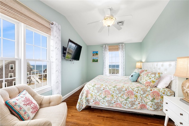 244 Spring St, Block Island, RI 02807 - bedroom with visible vents, wood finished floors, baseboards, a ceiling fan, and vaulted ceiling