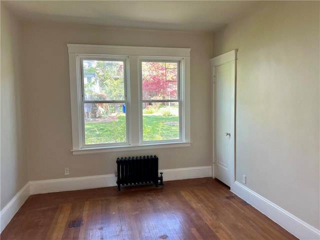 spare room featuring baseboards, radiator, wood finished floors, and a wealth of natural light