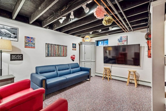 living room with a baseboard heating unit