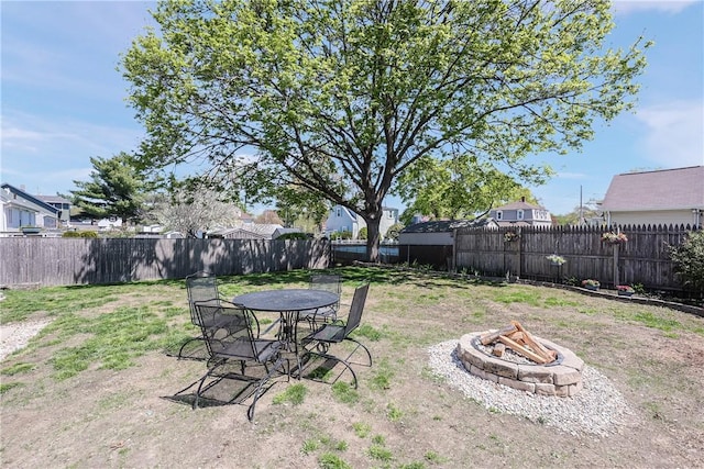 view of yard with a fenced backyard and an outdoor fire pit