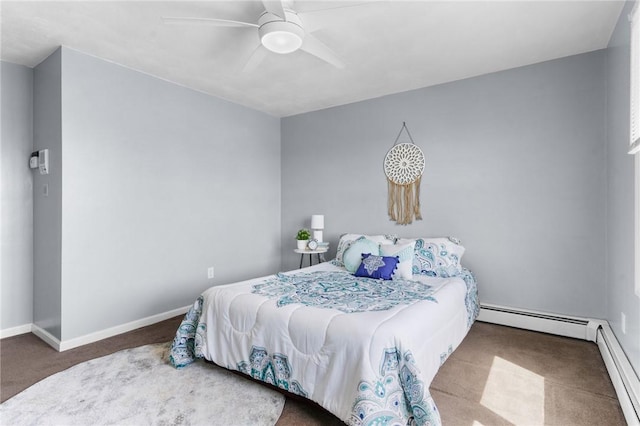 bedroom with carpet floors, baseboards, a baseboard heating unit, and ceiling fan