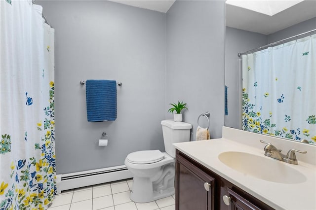 full bathroom with a shower with curtain, vanity, tile patterned floors, a baseboard heating unit, and toilet