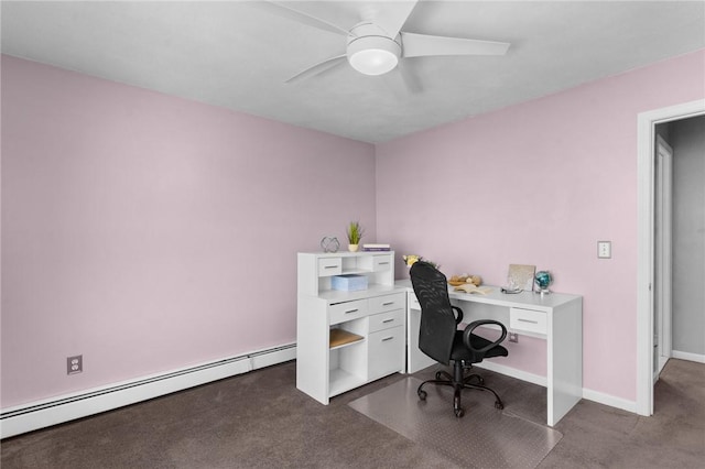 office space with baseboards, carpet, ceiling fan, and a baseboard heating unit