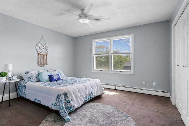 bedroom with carpet floors, a ceiling fan, baseboards, a baseboard heating unit, and a closet