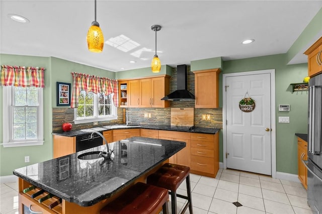 kitchen with wall chimney range hood, baseboards, decorative backsplash, and open shelves