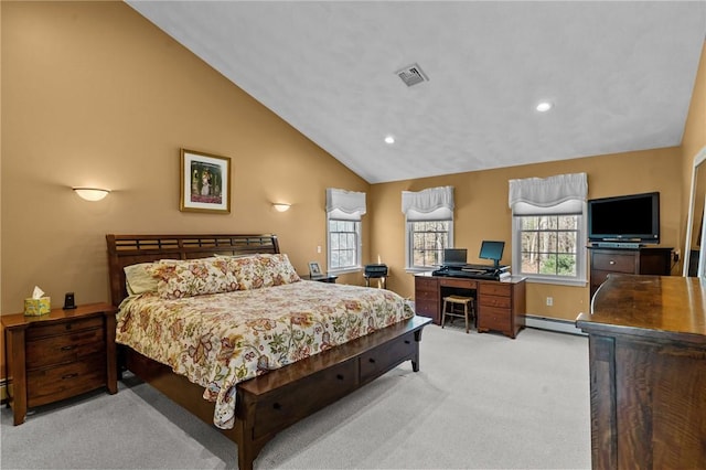 bedroom featuring visible vents, lofted ceiling, light colored carpet, recessed lighting, and a baseboard radiator