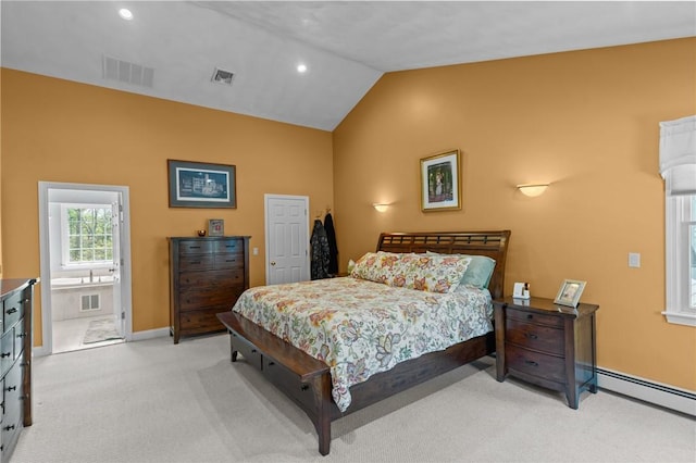 bedroom with light colored carpet, visible vents, baseboard heating, and vaulted ceiling
