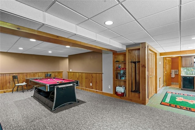 game room featuring wooden walls, pool table, carpet, and wainscoting