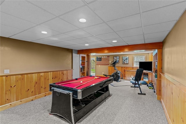 recreation room featuring wooden walls, billiards, wainscoting, and carpet flooring
