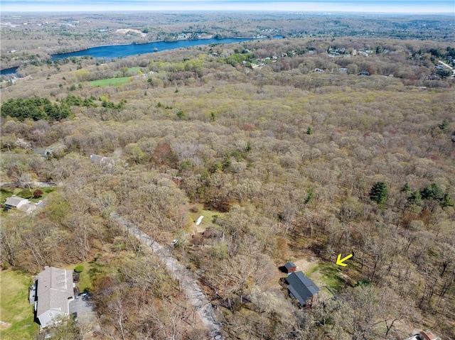 bird's eye view featuring a water view and a wooded view