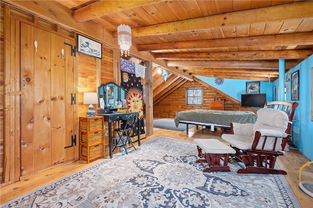 sitting room with wood-type flooring, wooden walls, beamed ceiling, and wooden ceiling