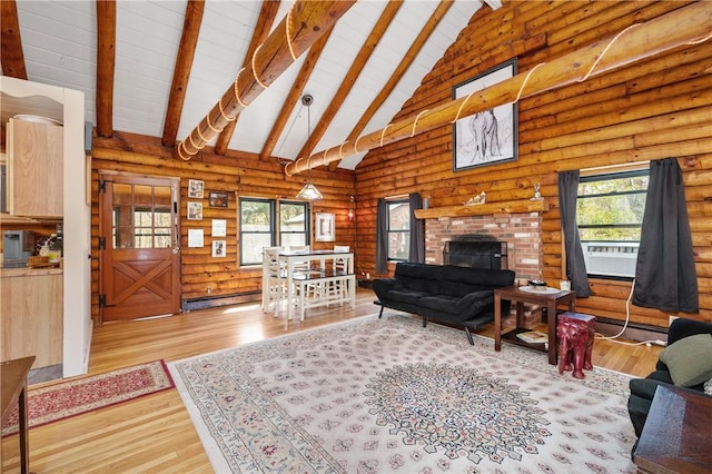living room featuring beam ceiling, wood finished floors, high vaulted ceiling, a baseboard heating unit, and log walls