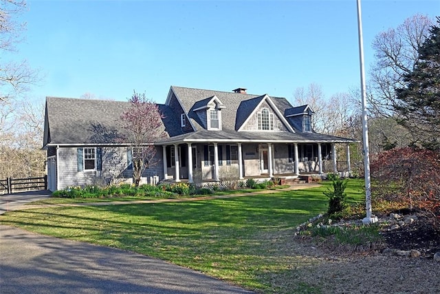 farmhouse inspired home featuring a porch, a chimney, fence, a front lawn, and concrete driveway