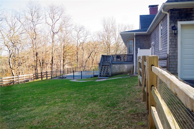 view of yard featuring a fenced backyard and a wooden deck