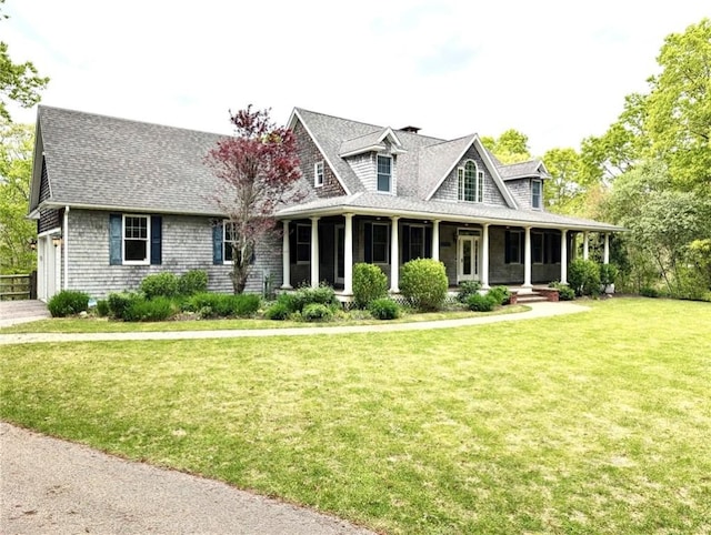 56 Ocean Ridge Dr, Charlestown, RI 02813 - view of front of house with a porch, a front yard, roof with shingles, and an attached garage