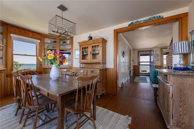 dining area with dark wood-style flooring, wood walls, and a wainscoted wall