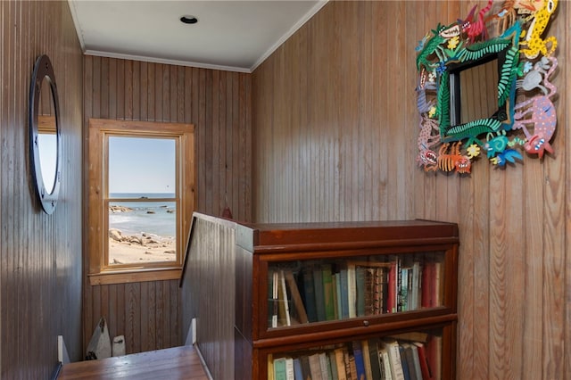 interior space with crown molding and wood walls