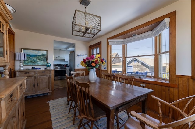 dining space featuring wooden walls, a wainscoted wall, and dark wood-type flooring
