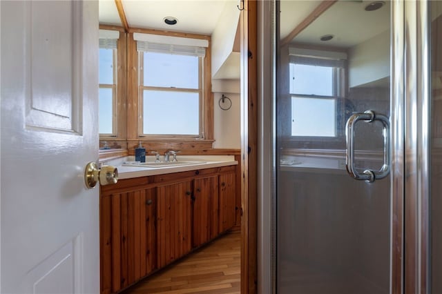 bathroom with vanity and wood finished floors