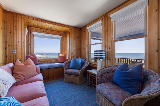 living area with carpet, a water view, and wooden walls