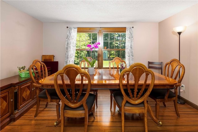dining room with a textured ceiling and wood finished floors