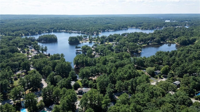 aerial view featuring a water view and a view of trees