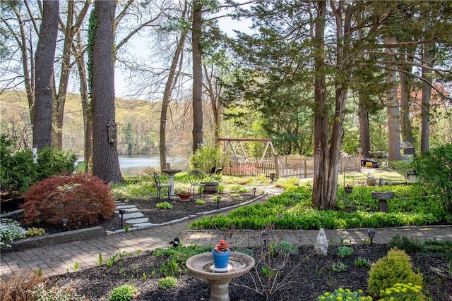 view of yard with a water view