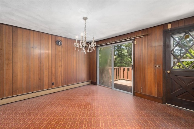 49 Magnolia Ln, Coventry, RI 02816 - interior space featuring an inviting chandelier, a baseboard heating unit, and wooden walls