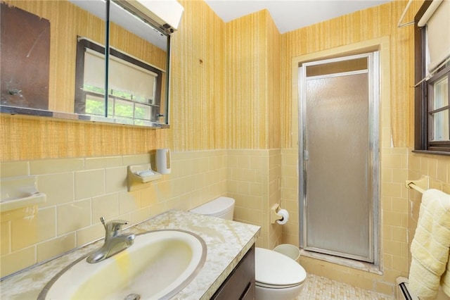 49 Magnolia Ln, Coventry, RI 02816 - full bath with tile walls, a stall shower, toilet, and wallpapered walls
