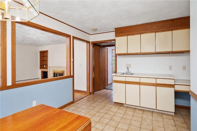 kitchen featuring white cabinets, a sink, light countertops, baseboards, and a baseboard heating unit
