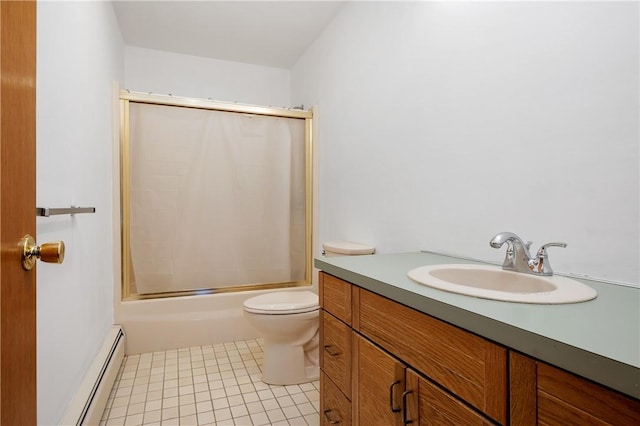 bathroom with baseboard heating, vanity, tile patterned floors, bath / shower combo with glass door, and toilet