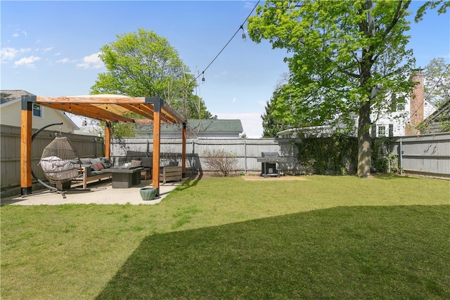 view of yard with an outdoor hangout area, a fenced backyard, and a patio area