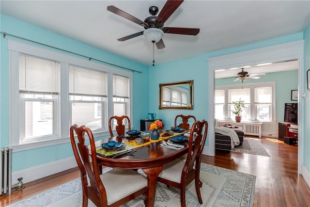 dining space with radiator heating unit, radiator, a ceiling fan, and wood finished floors