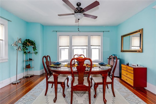 dining room featuring baseboards, plenty of natural light, light wood-type flooring, and ceiling fan