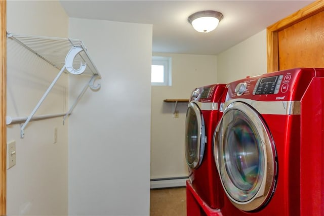 laundry area featuring laundry area, washing machine and dryer, and baseboard heating