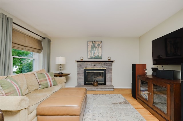 living room with baseboards, wood finished floors, and a fireplace