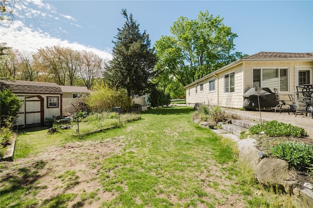 view of yard with a patio, an outdoor structure, and a shed
