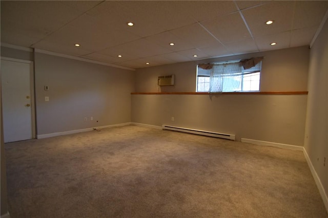 300 Smithfield Rd Unit P1-1, Providence, RI 02904 - basement with carpet floors, baseboards, recessed lighting, a paneled ceiling, and a baseboard heating unit